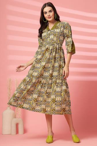 cotton olive green ethnic print maxi dress