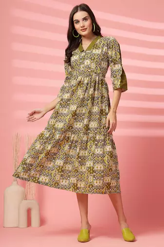 cotton olive green ethnic print maxi dress