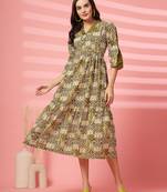 cotton olive green ethnic print maxi dress