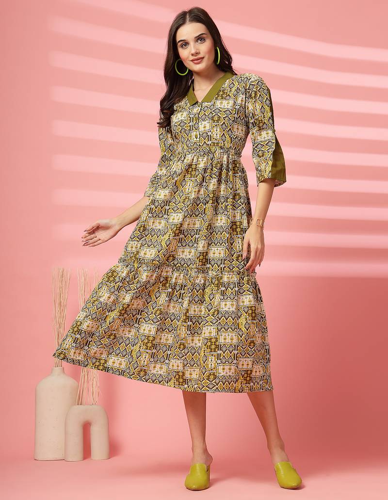 cotton olive green ethnic print maxi dress