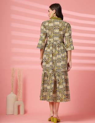 cotton olive green ethnic print maxi dress 2