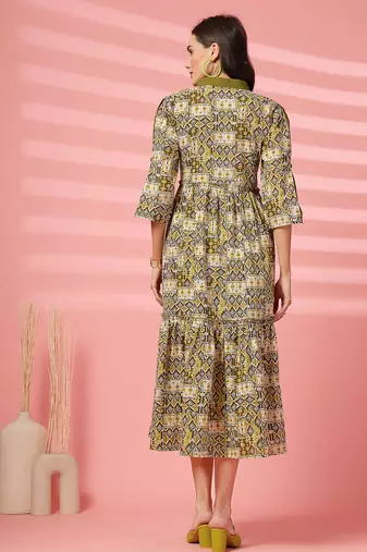 cotton olive green ethnic print maxi dress