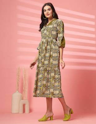 cotton olive green ethnic print maxi dress 3