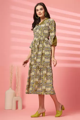 cotton olive green ethnic print maxi dress