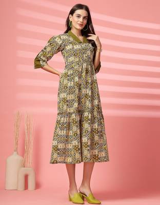 cotton olive green ethnic print maxi dress 4