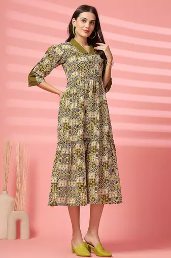 cotton olive green ethnic print maxi dress