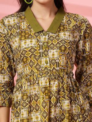 cotton olive green ethnic print maxi dress 5