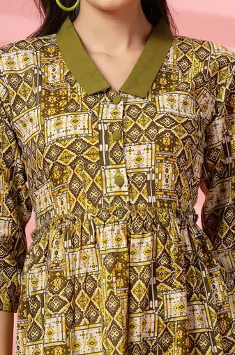 cotton olive green ethnic print maxi dress