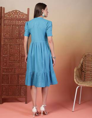 cotton schiffli solid sky blue dress 2