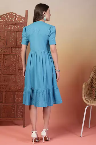 cotton schiffli solid sky blue dress
