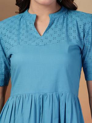 cotton schiffli solid sky blue dress 3