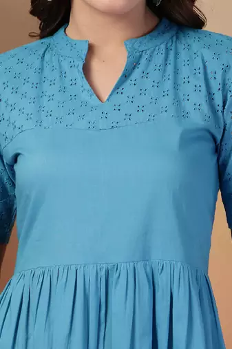 cotton schiffli solid sky blue dress