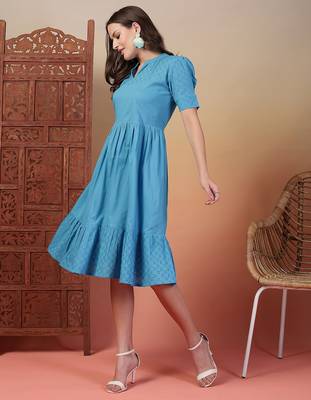 cotton schiffli solid sky blue dress 4