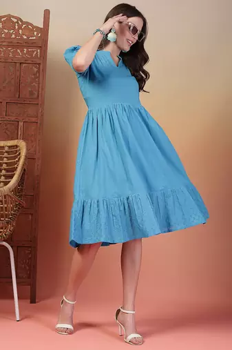 cotton schiffli solid sky blue dress