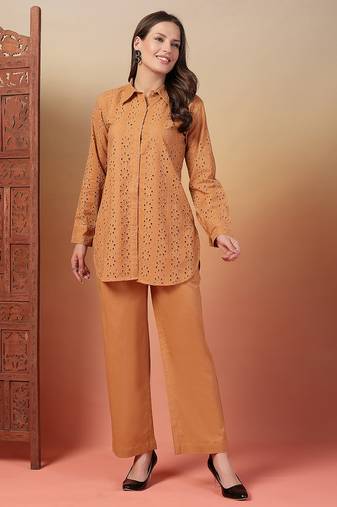 cotton schiffli solid brown co-ord set