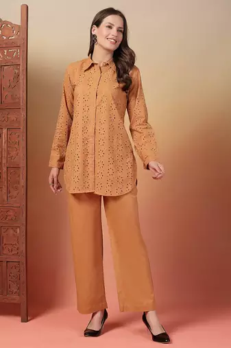 cotton schiffli solid brown co-ord set