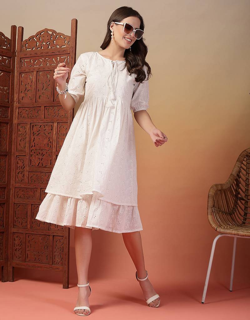 cotton schiffli solid white dress