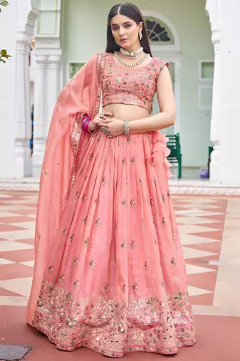 peach embroidered crushed lehenga set choli with dupatta
