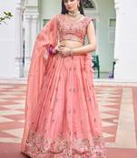 peach embroidered crushed lehenga set choli with dupatta