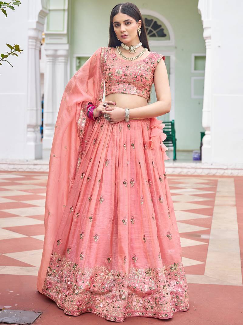 peach embroidered crushed lehenga set choli with dupatta