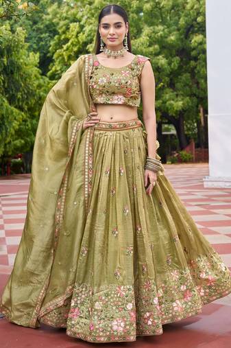 green embroidered crushed lehenga set choli with dupatta