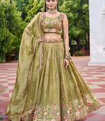 green embroidered crushed lehenga set choli with dupatta