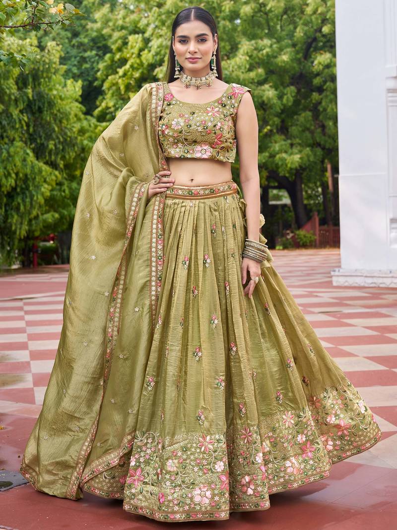 green embroidered crushed lehenga set choli with dupatta