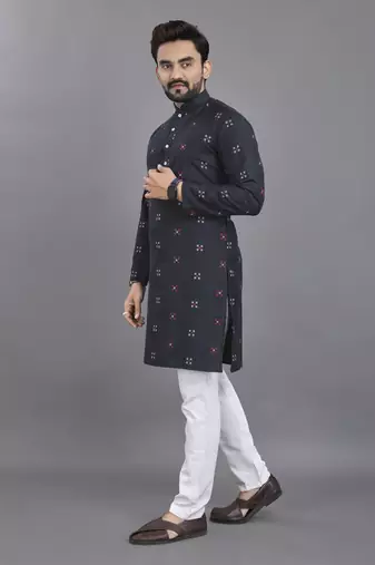 Navy blue weaving linen cotton straight kurta