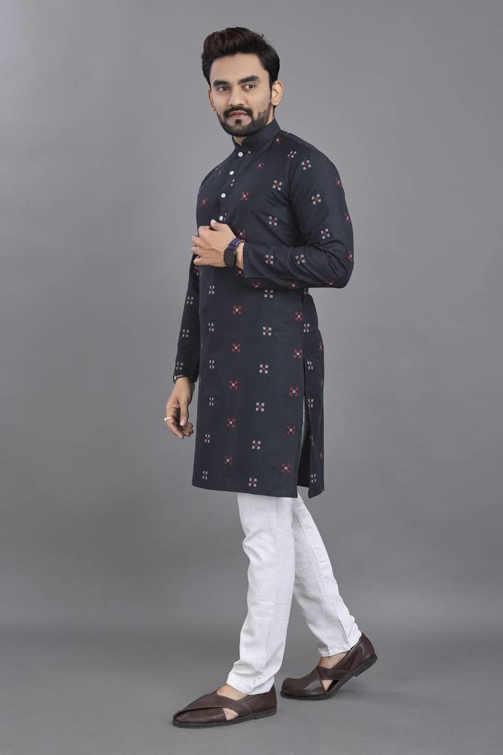 Navy blue weaving linen cotton straight kurta