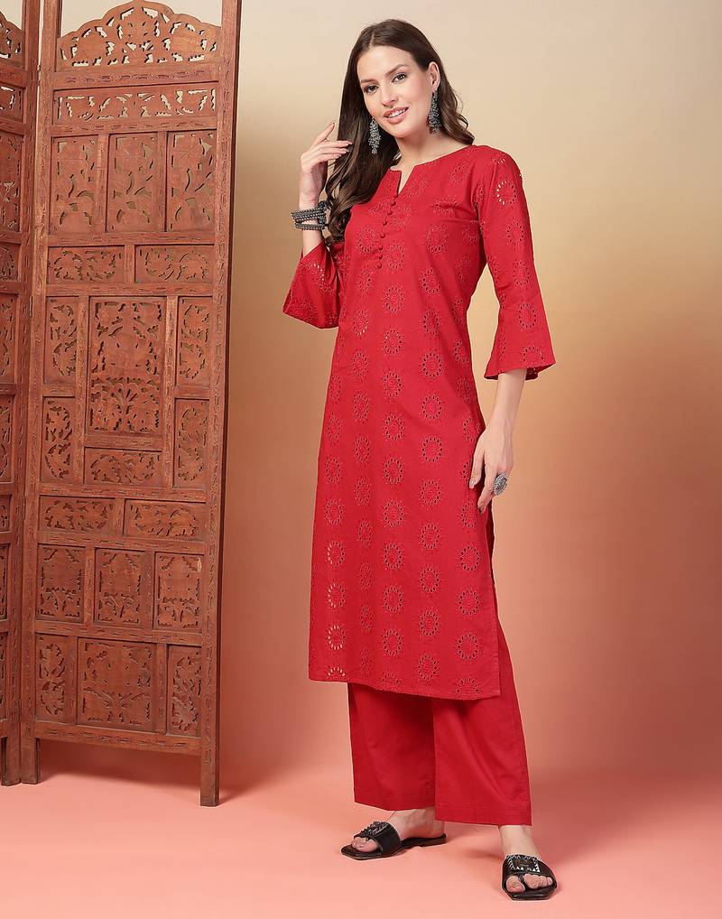 maroon cotton solid kurta set