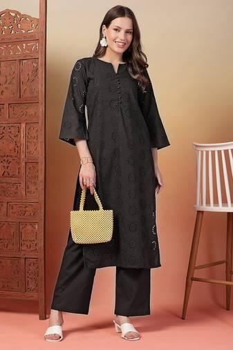 black cotton solid kurta set