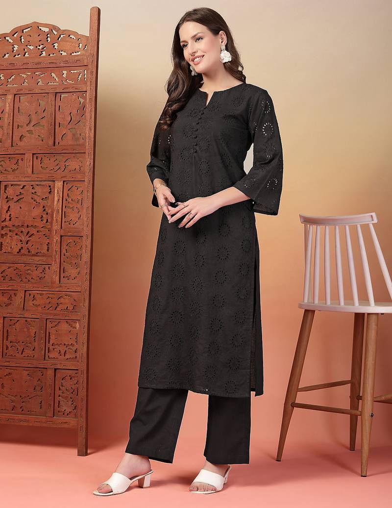 black cotton solid kurta set