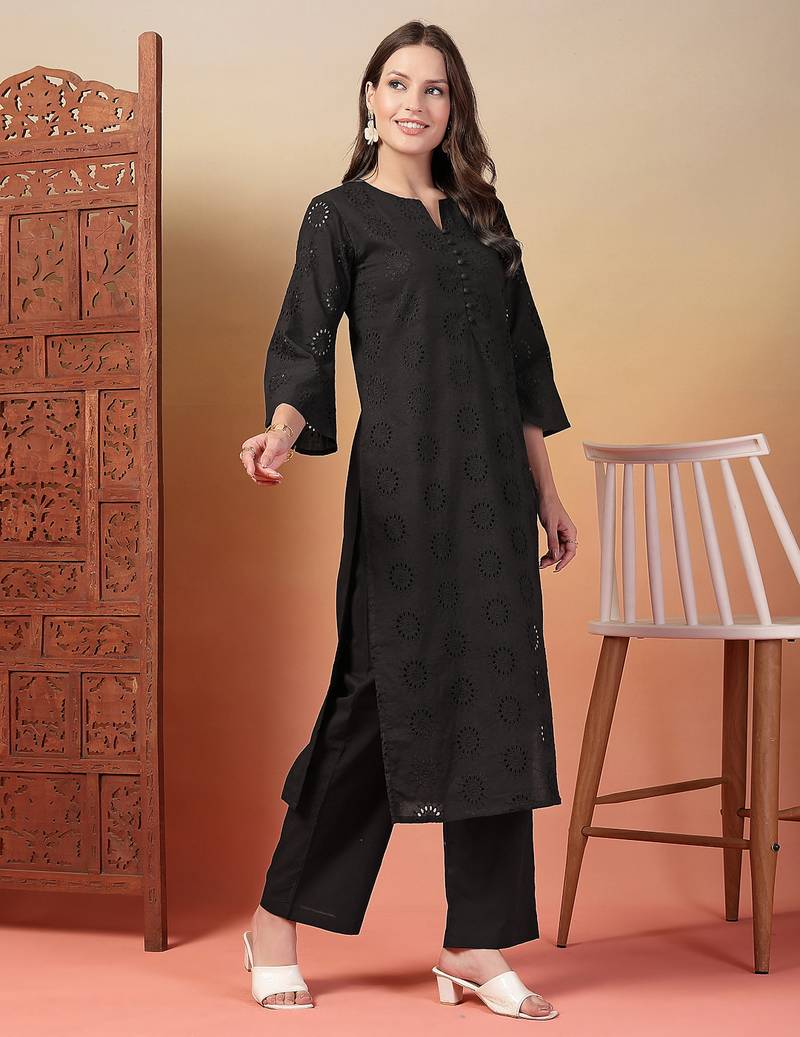 black cotton solid kurta set