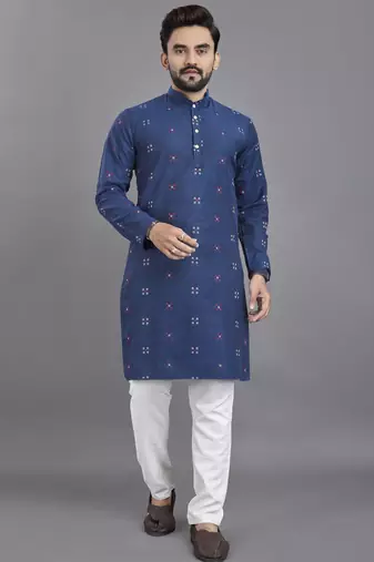 Teal weaving linen cotton straight kurta