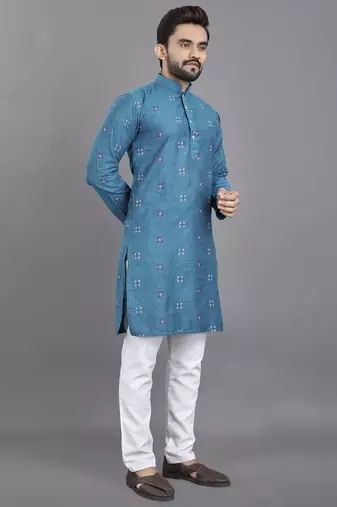 Blue weaving linen cotton straight kurta