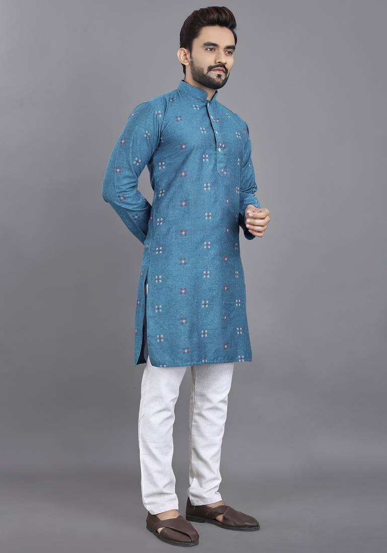 Blue weaving linen cotton straight kurta