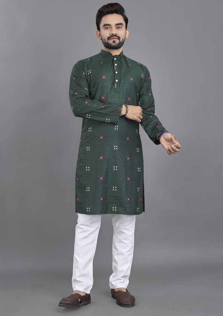 Green weaving linen cotton straight kurta