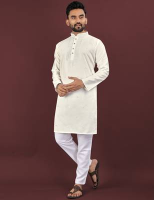 Beige embroidered silk straight kurta 1