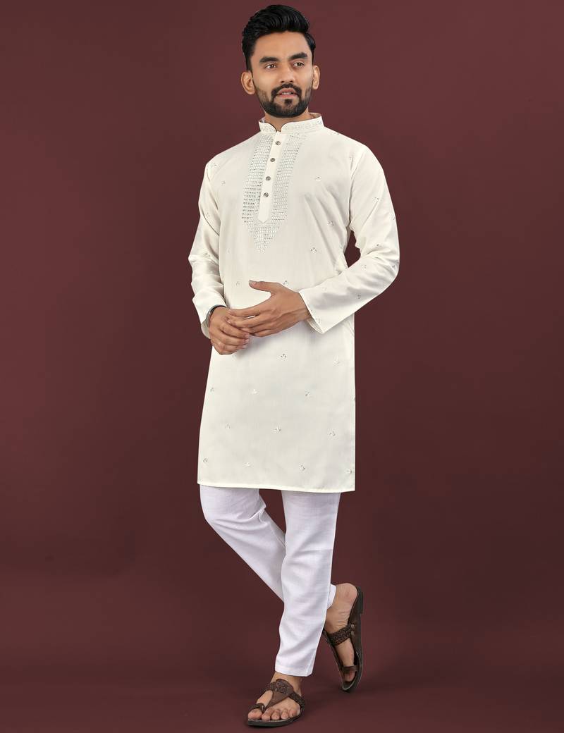 Beige embroidered silk straight kurta
