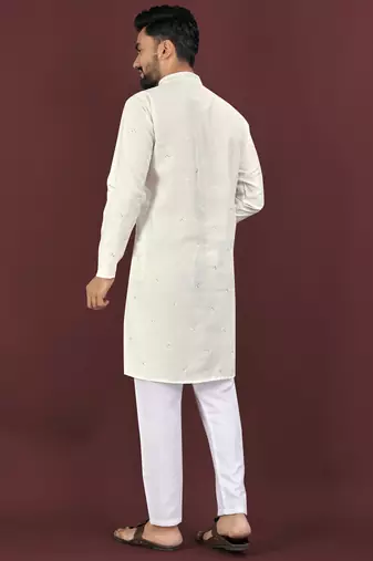 Beige embroidered silk straight kurta