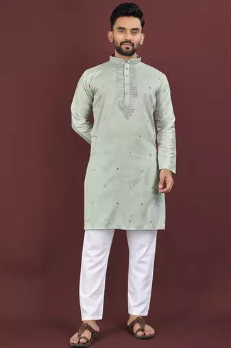 Green embroidered silk straight kurta