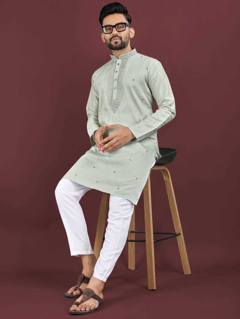 Green embroidered silk straight kurta