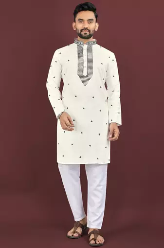 White embroidered silk straight kurta