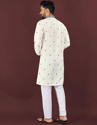 White embroidered silk straight kurta 3