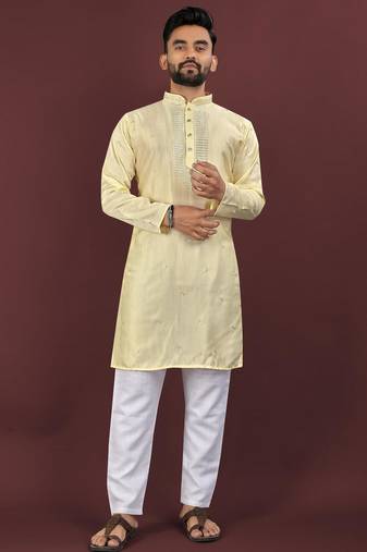 Yellow embroidered silk straight kurta