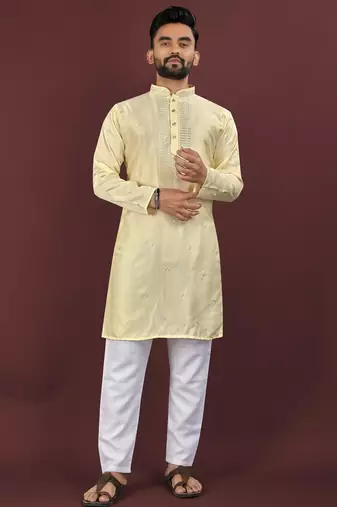 Yellow embroidered silk straight kurta