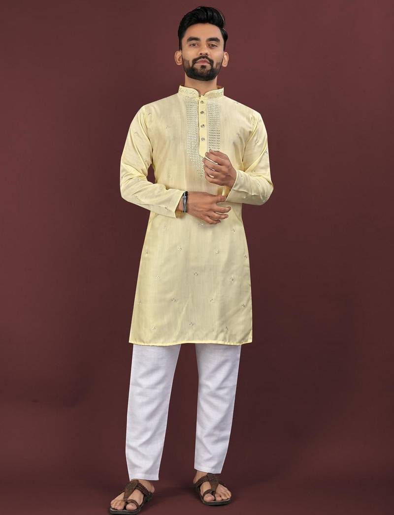 Yellow embroidered silk straight kurta