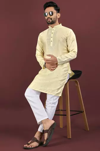 Yellow embroidered silk straight kurta