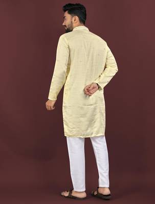 Yellow embroidered silk straight kurta 3