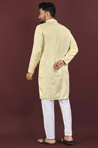 Yellow embroidered silk straight kurta